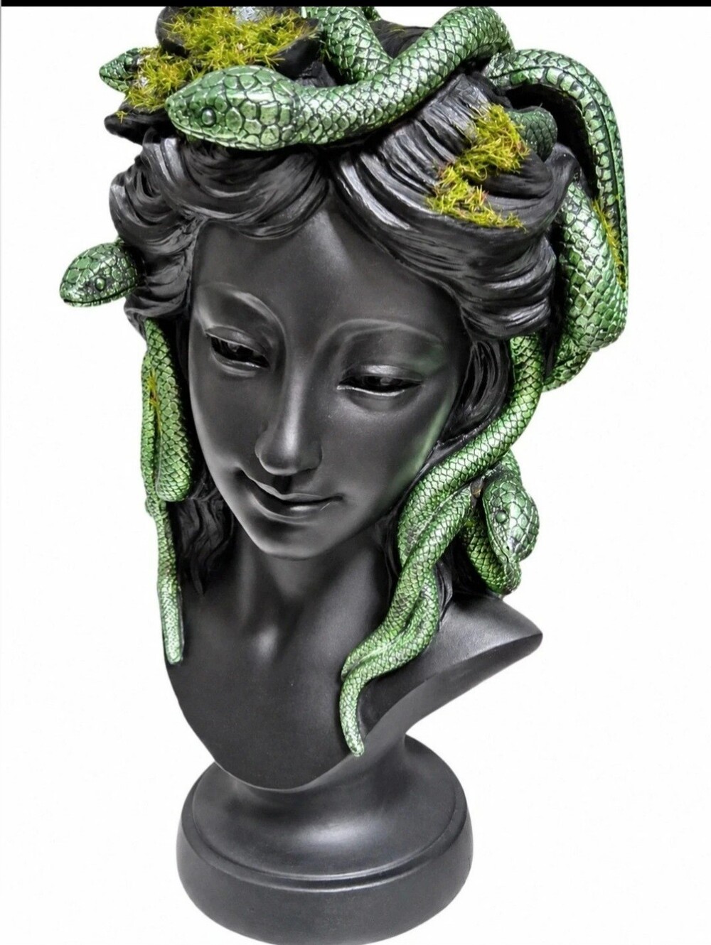 Elegant Medusa Bust , Medusa Head Bust Sculpture in Black with Green Snakes